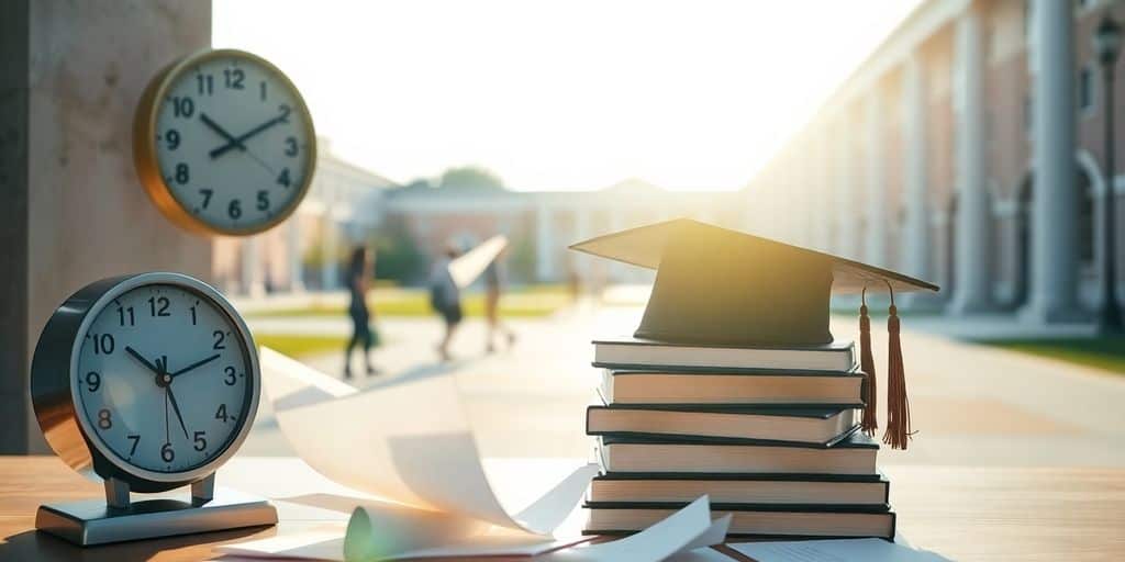 Bücherstapel, Abschlussmütze, Uhr im Hintergrund, weiße Seiten, Studierende zwischen Säulen