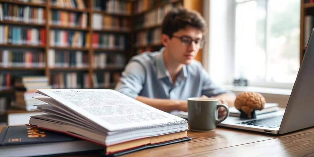 Student liest in Bibliothek an Tisch mit Büchern und Laptop