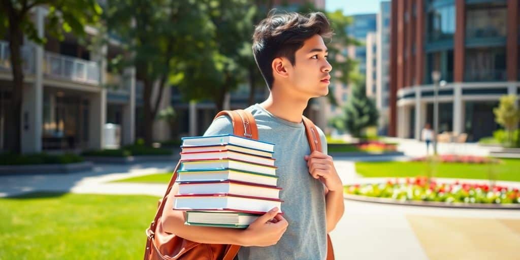Student im sonnigen Campus hält Bücher, trägt Rucksack, schaut voraus