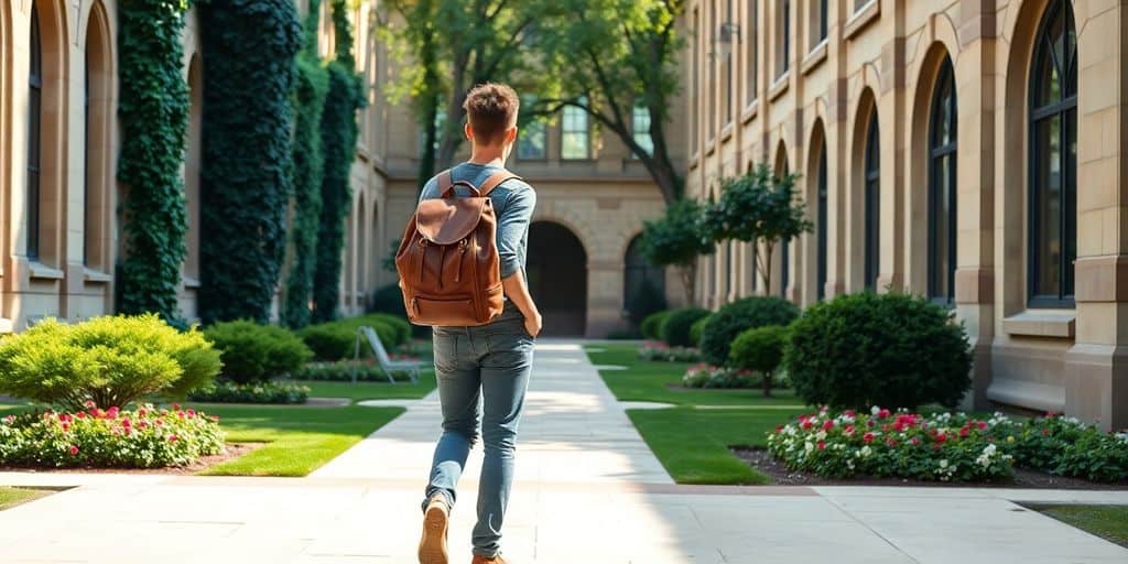 Student läuft über sonnigen Universitätsplatz mit grünen Rasen und Blumenbeeten