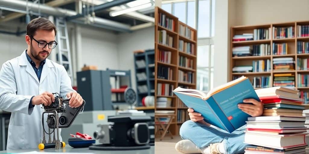 Zwei Studierende in Werkstatt und Bibliothek vergleichen praxisnahe akademische Masterstudiengänge