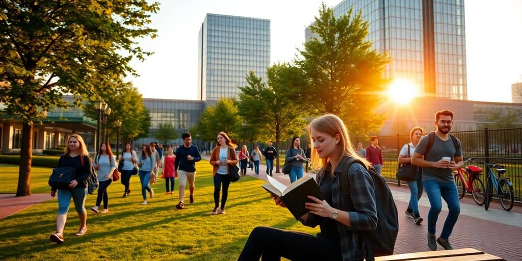 Studierende auf sonnigem Campus mit Glasgebäuden, Bäumen, Fahrrädern und Sonnenlicht