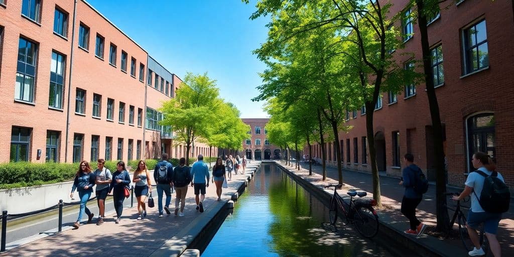 Studenten auf Kopfsteinpflasterweg neben einem Kanal vor Universitätsgebäude mit Fahrrädern