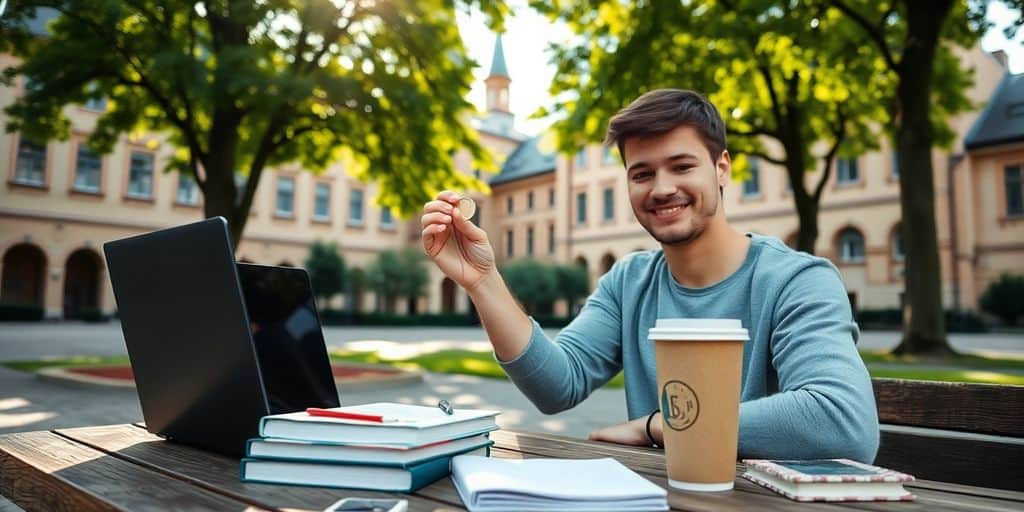 Junger Student sitzt im Campus mit Laptop, Büchern und Euro-Münzen